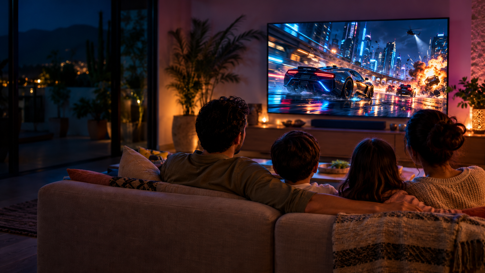 Una familia disfrutando de una noche de televisión juntos